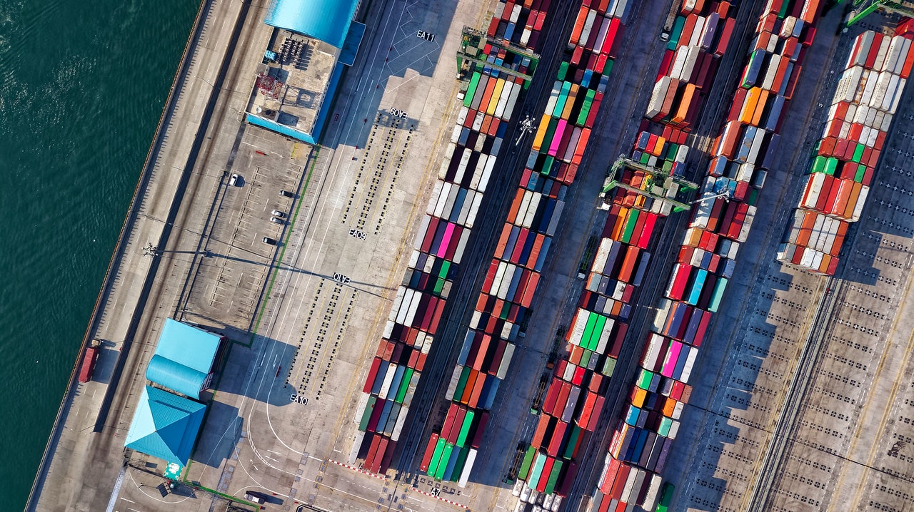 Aerial view of shipping containers at a harbour